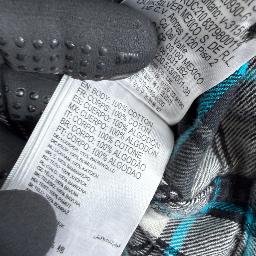 Quiksilver Plaid Flannel Button Down Shirt 2XL Black Teal Mens Surf Skater - Picture 6 of 12